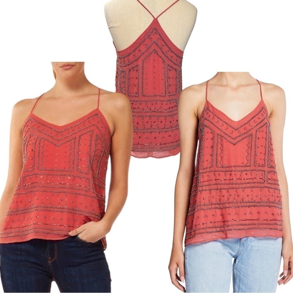 Lord & Taylor Dex Beaded Sheer Lined Boho Chic Cami Coral Racer Back Size XS